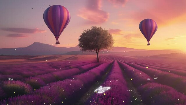 beautiful lavender rows lines in the field with lonely tree and hot air. nature background. seamless looping overlay 4k virtual video animation background