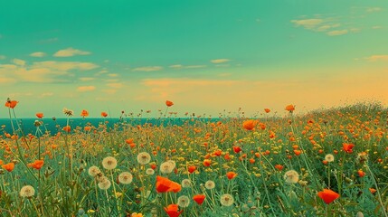 Obraz premium Turquoise Tranquility: A New England Shoreline Blooms with Wildflowers