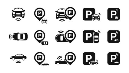 Vehicle Detection, ANPR, ALPR and LPR Car Parking Icon Set: Car Parking Icon, Parking and Traffic Signs Isolated on a White Background, Map Parking Pointer. Vector Illustration.