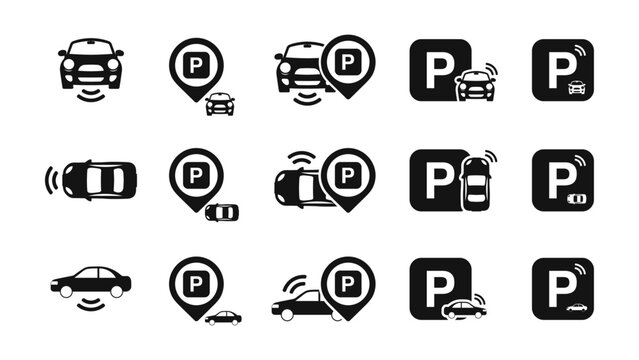 Vehicle Detection, ANPR, ALPR and LPR Car Parking Icon Set: Car Parking Icon, Parking and Traffic Signs Isolated on a White Background, Map Parking Pointer. Vector Illustration.