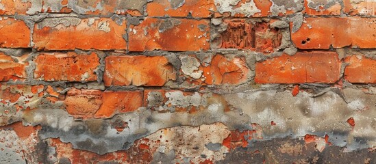 Detailed view of an aged brick wall displaying multiple layers of paint in different colors and textures