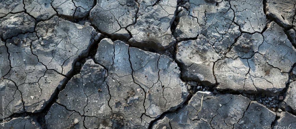 Poster close-up view of the cracked and dry surface of a dirt field, showcasing intricate patterns and text