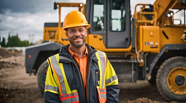 Bauger&auml;tef&uuml;hrer steht vor Baustellenfahrzeug und l&auml;chelt in die Kamera