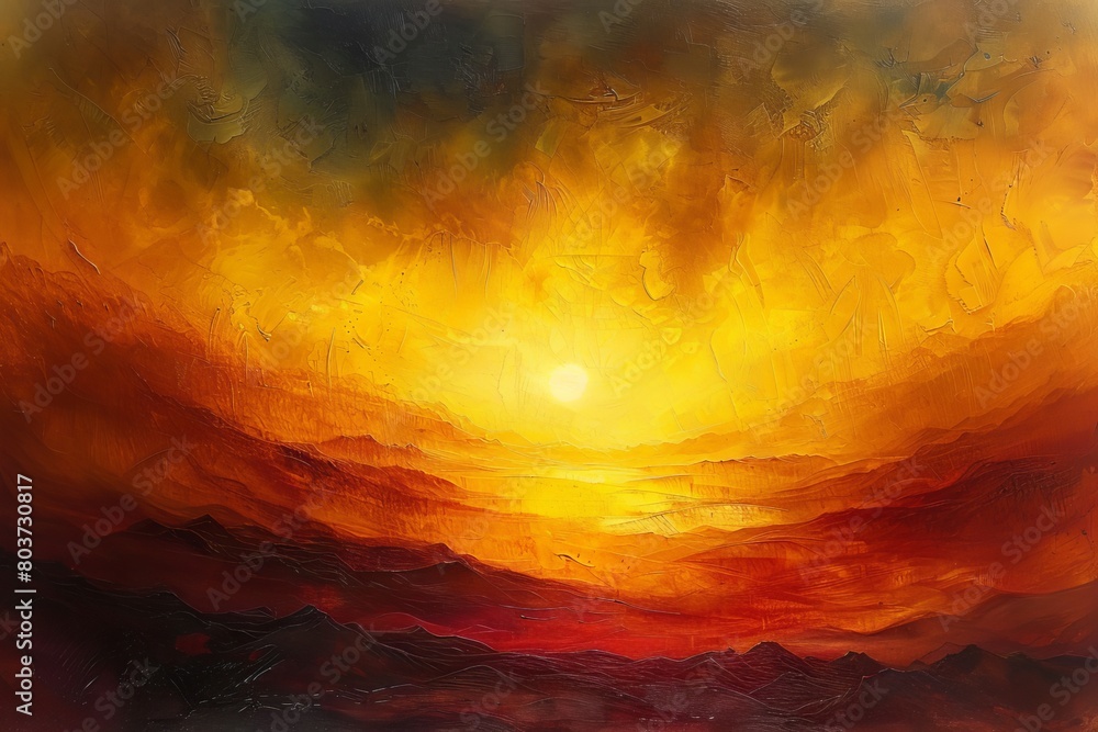 Wall mural A painting of a sunset with a sun in the sky