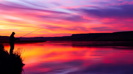 Vibrant Sunset Fishing at River's Edge with Stunning Reflections