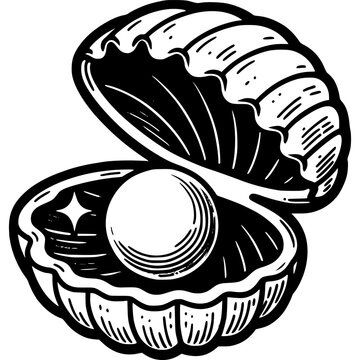 recommend clip art: Bivalve shell with large pearl inside in monochrome. Natural pearl mining. Simple minimalistic vector in black ink drawing on transparent background