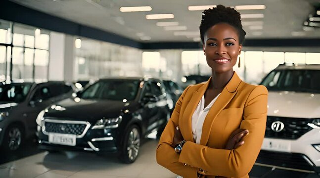 Automobilkauffrau steht im Verkaufsraum eines Autohauses und l&auml;chelt in die Kamera