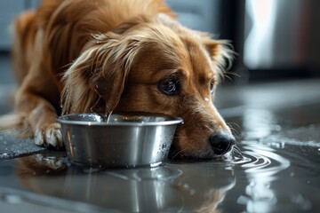 A dog is drinking water from a bowl on a wet floor