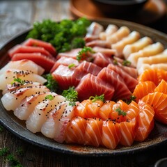 a platter of fresh sashimi, presented in the most colorful arrangement.