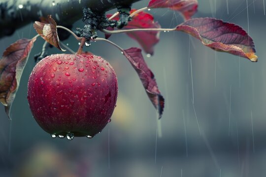 Ripe red apple hanging on tree branch in rainy weather