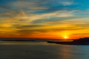 top view of a sunset over Alesund during a sunny spring evening, Norway