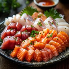 a platter of fresh sashimi, presented in the most colorful arrangement.