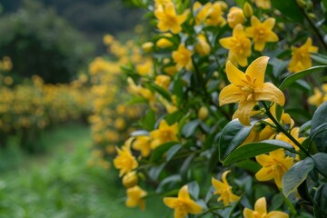 Vibrant yellow flowers in a lush green garden