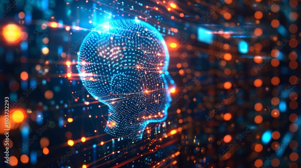 Poster technology background : powerful servers processing data for artificial intelligence research.