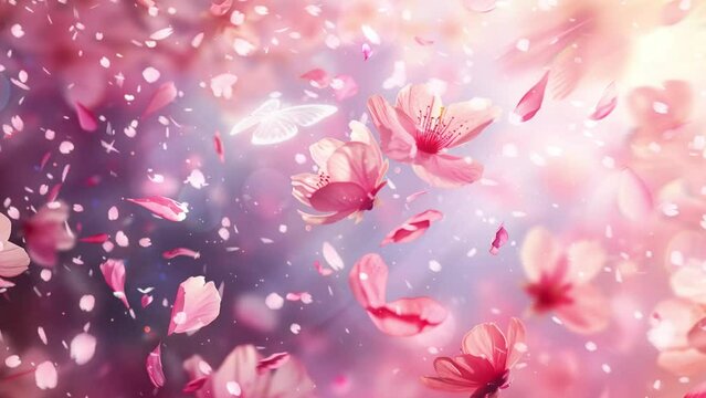 nature floral background. falling pink sakura petals with blurred elements. seamless looping overlay 4k virtual video animation background
