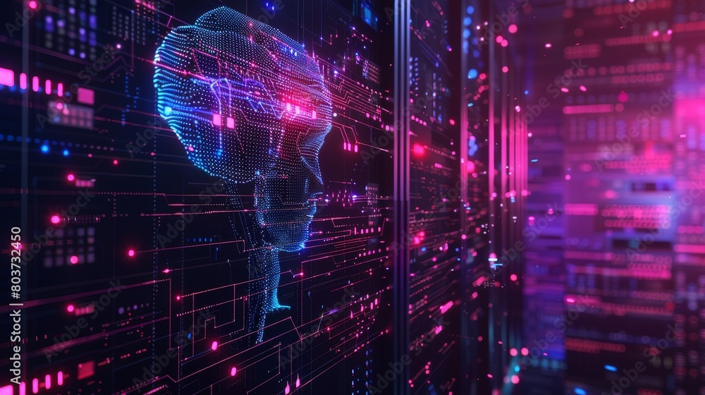 Poster technology background : powerful servers processing data for artificial intelligence research.