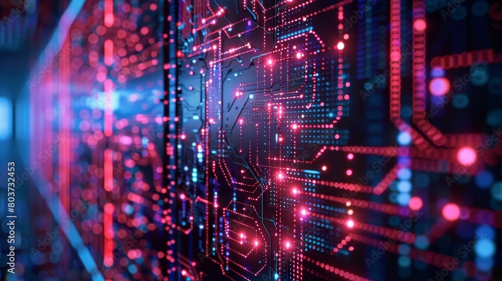 Poster technology background : powerful servers processing data for artificial intelligence research.