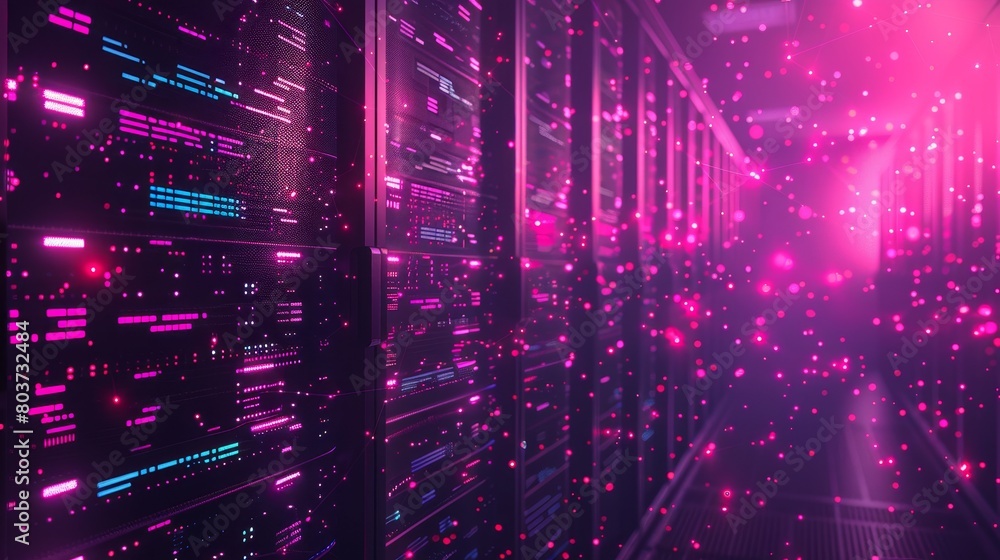 Poster technology background : powerful servers processing data for artificial intelligence research.