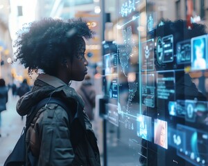 A young woman with curly hair looks at a transparent screen with a futuristic interface showing various data and information.