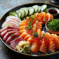 a platter of fresh sashimi, presented in the most colorful arrangement.