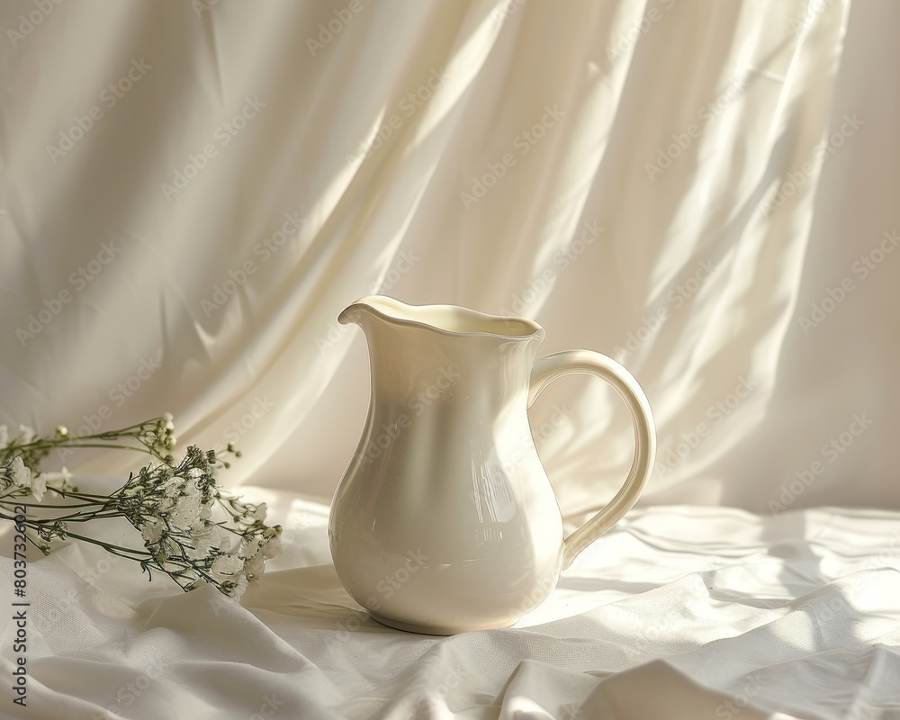 Poster a white pitcher with a handle sits on a table next to a bunch of flowers