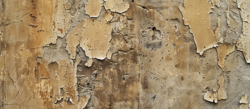 Poster an up-close view of a deteriorating wall with chipping paint and a surrounding wooden frame, showcas