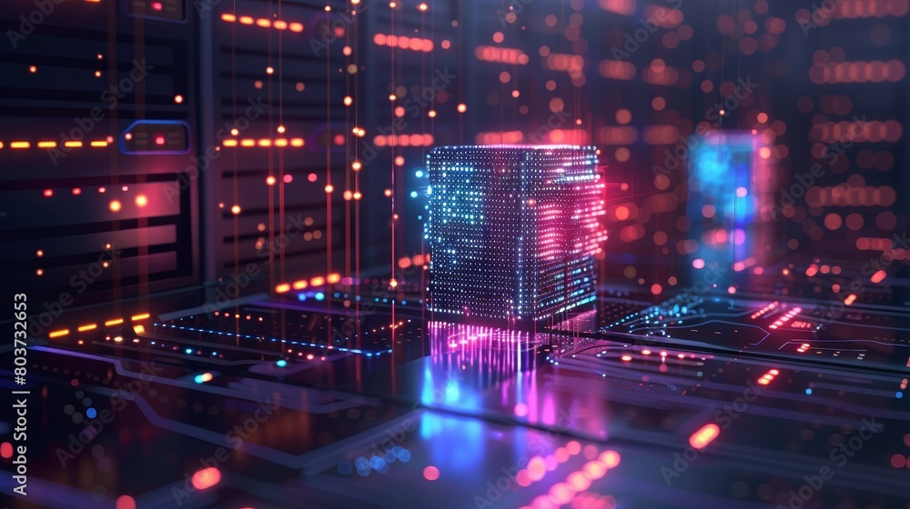 Poster technology background : powerful servers processing data for artificial intelligence research.