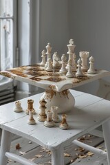 A chess set is on a wooden table