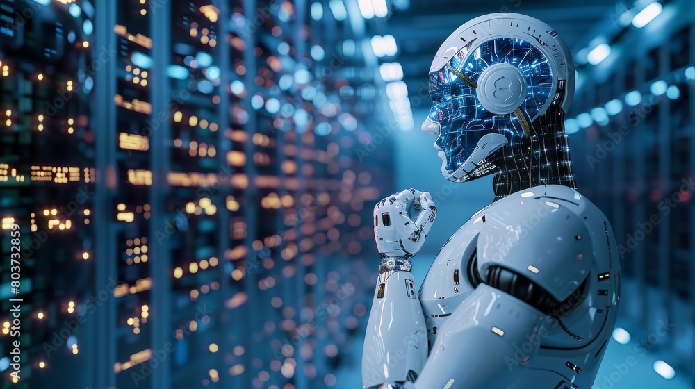 Poster technology background : powerful servers processing data for artificial intelligence research.