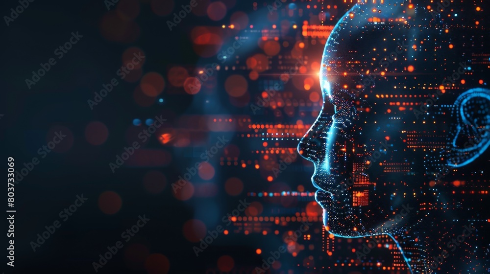Poster technology background : powerful servers processing data for artificial intelligence research.