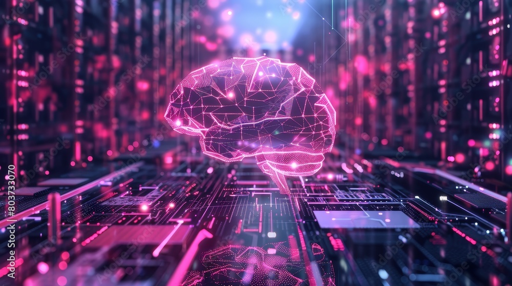 Poster technology background : powerful servers processing data for artificial intelligence research.