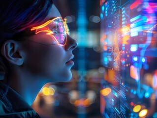 A young woman wearing futuristic glasses looks at a holographic display of data. She is surrounded by a dark background with glowing lights.