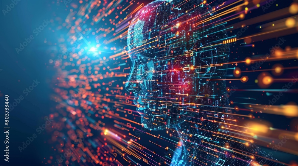 Poster technology background : powerful servers processing data for artificial intelligence research.