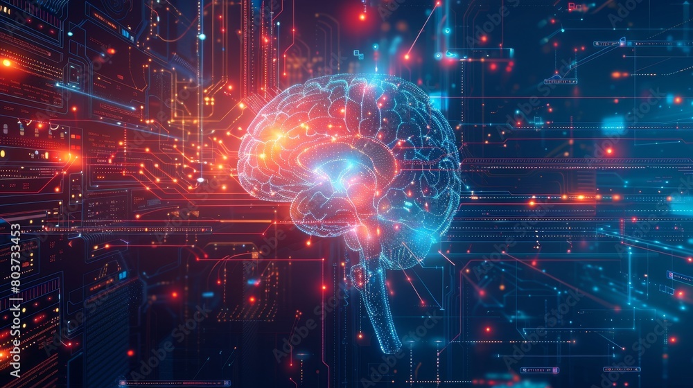 Poster technology background : powerful servers processing data for artificial intelligence research.