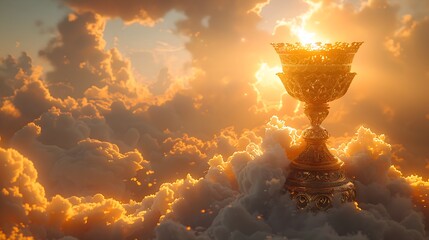 A majestic golden chalice resting on a sky background of soft, ethereal clouds - obrazy, fototapety, plakaty