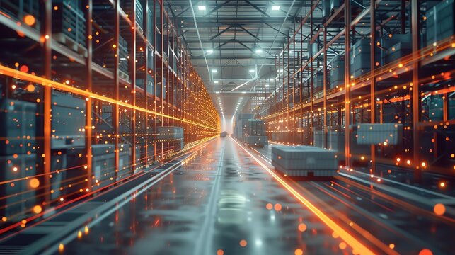 A futuristic and efficient warehouse with automated forklifts and a digital inventory management system