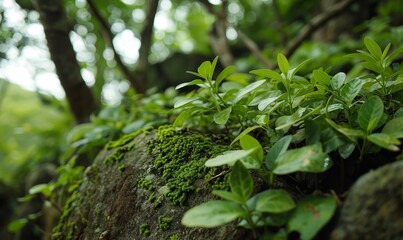 Lush green foliage and moss-covered tree bark in a forest