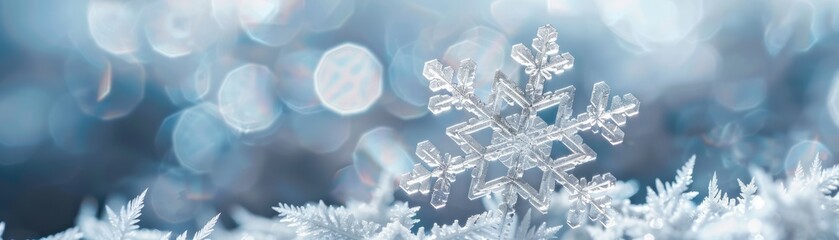 A snowflake is on top of a snowy surface