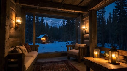 Fototapeta premium The rustic charm and cozy atmosphere of a secluded mountain hut, nestled amidst towering pines and blanketed in the soft glow of moonlight ai_generated