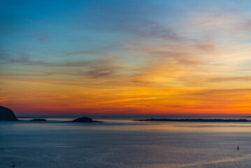 top view of a sunset over Alesund during a sunny spring evening, Norway