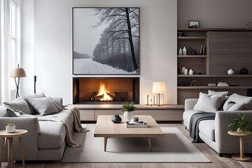  Scandinavian interior design of modern living room, home with fireplace and big poster frame. 