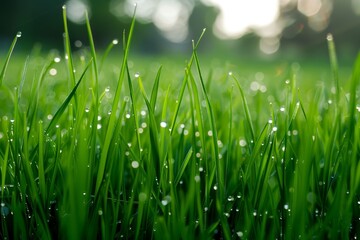 Obraz premium Dewy green grass in morning light