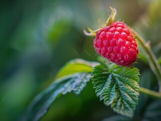 Close-up of a ripe red raspberry on a green leaf