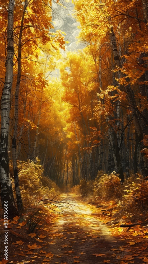Poster a path through a forest with trees that are yellow and orange