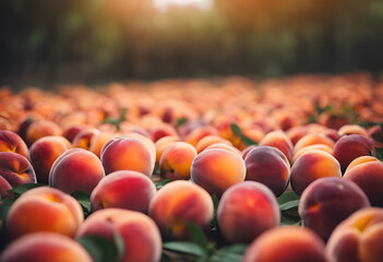 Close-up of ripe peaches on the ground in an orchard, bathed in warm sunlight. Peach Month.