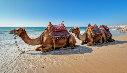 Ships of the Desert: Camels Resting on Moroccan Beach, Embracing Moroccan Traditions