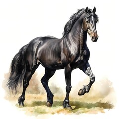 Black horse. Black stallion. Elegant horse clipart. Watercolor illustration. Generative AI. Detailed illustration.