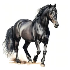 Black horse. Black stallion. Elegant horse clipart. Watercolor illustration. Generative AI. Detailed illustration.