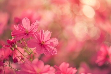 Vibrant pink cosmos flowers in a dreamy garden