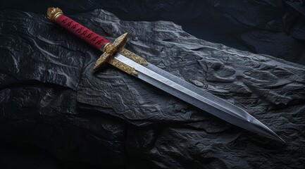 Ornate golden sword on dark fabric background